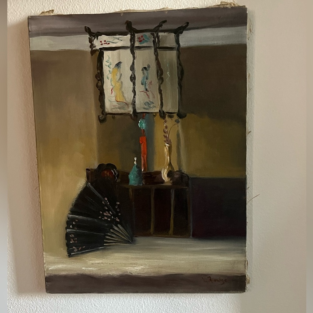 Antique Lantern Fan Signed Oil Painting Canvas .. Asian